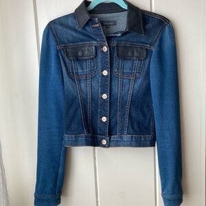 Level 99 Crop Jean Denim Jacket with Black Vegan Leather Collar and Pockets